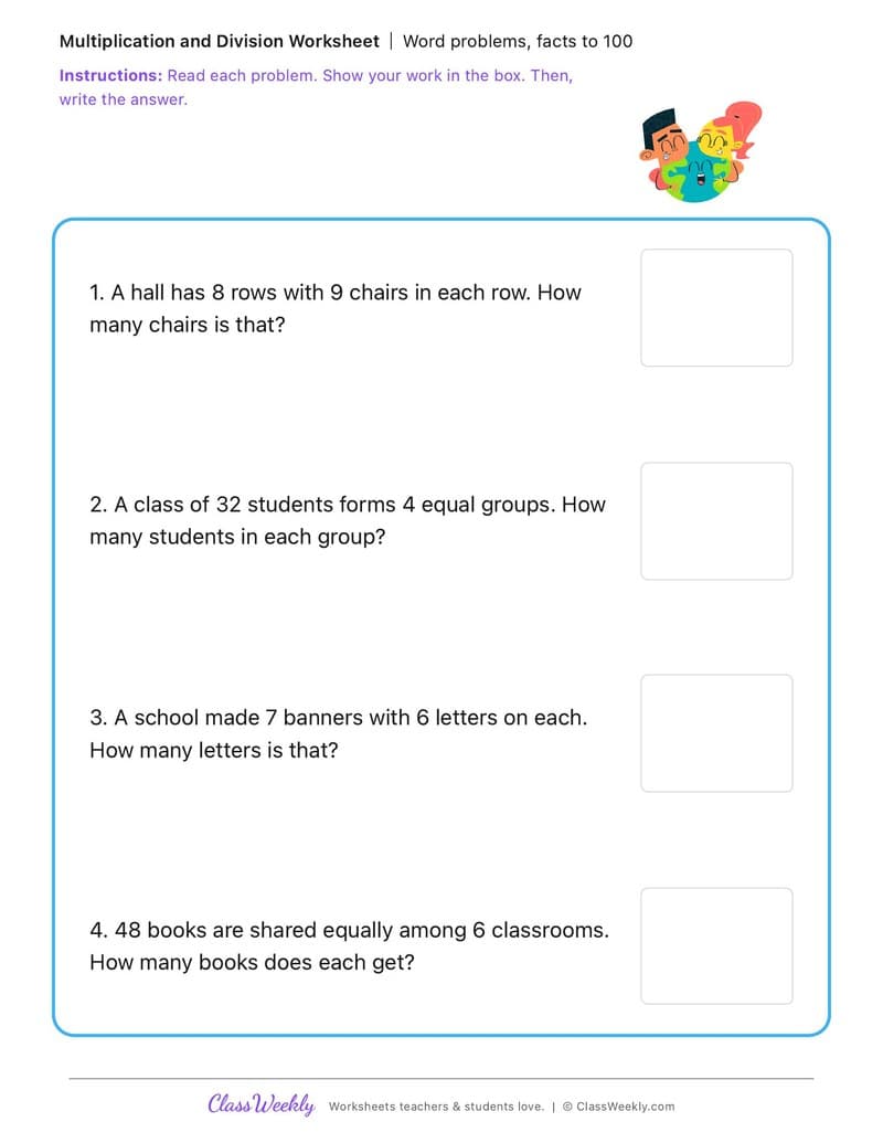 Word problems, facts to 100 - MLK Day / Black History Month - 3rd Grade worksheet preview