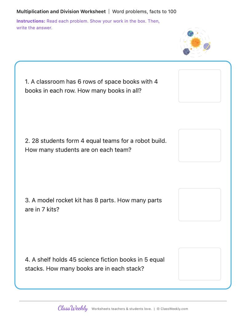 Word problems, facts to 100 - National Science Fiction Day - 3rd Grade worksheet preview