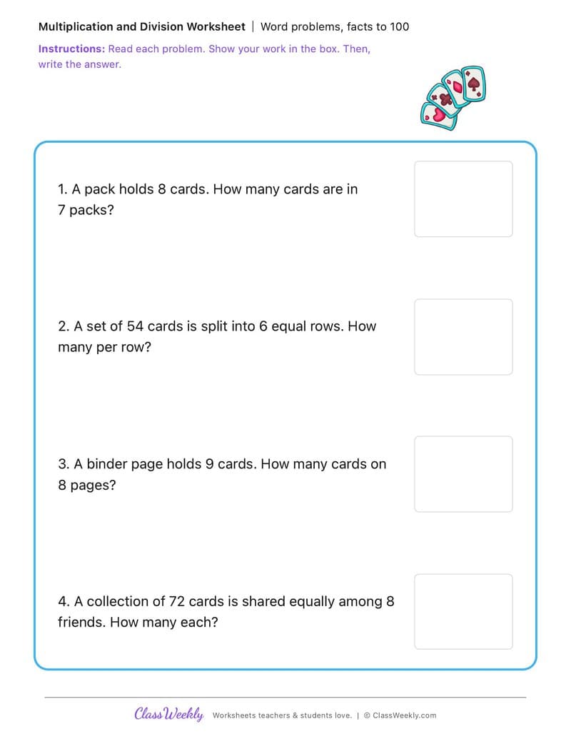 Word problems, facts to 100 - National Trading Card Day - 3rd Grade worksheet preview