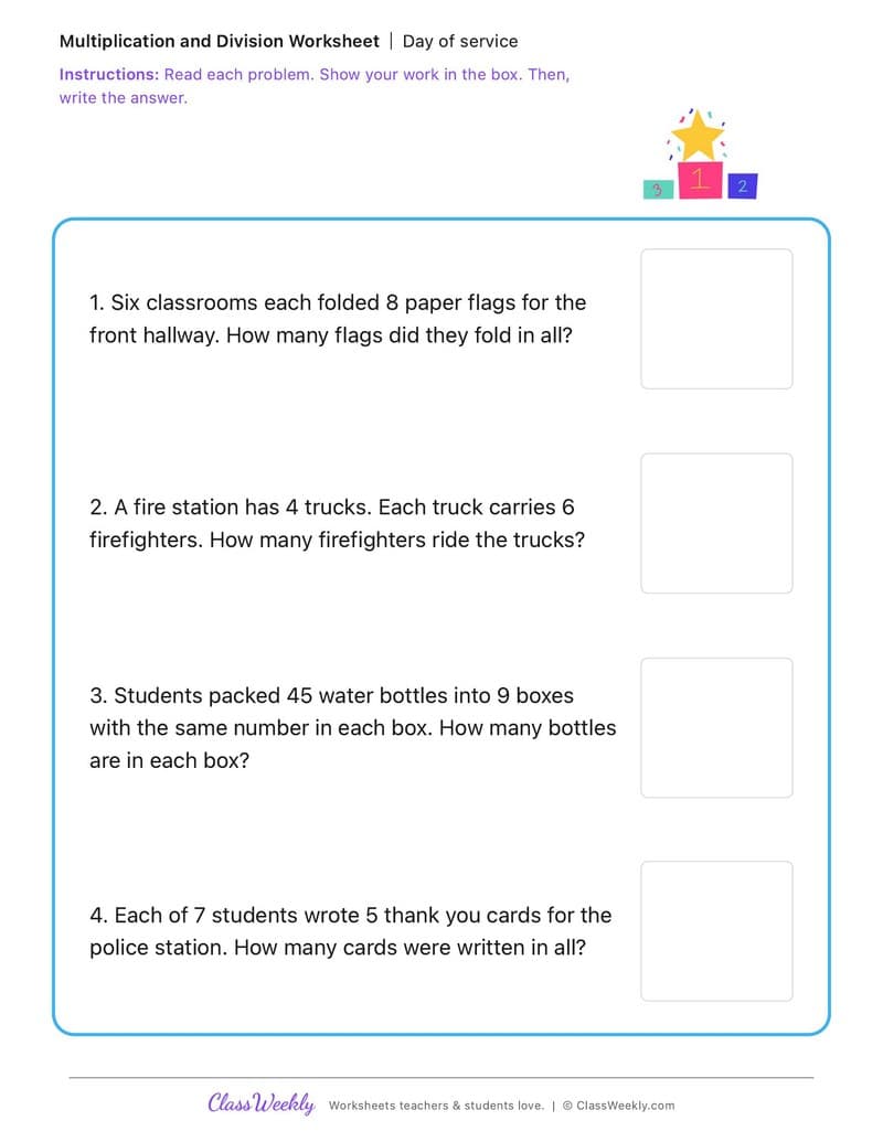 Day of Service Word Problems - Patriot Day - 3rd Grade worksheet preview