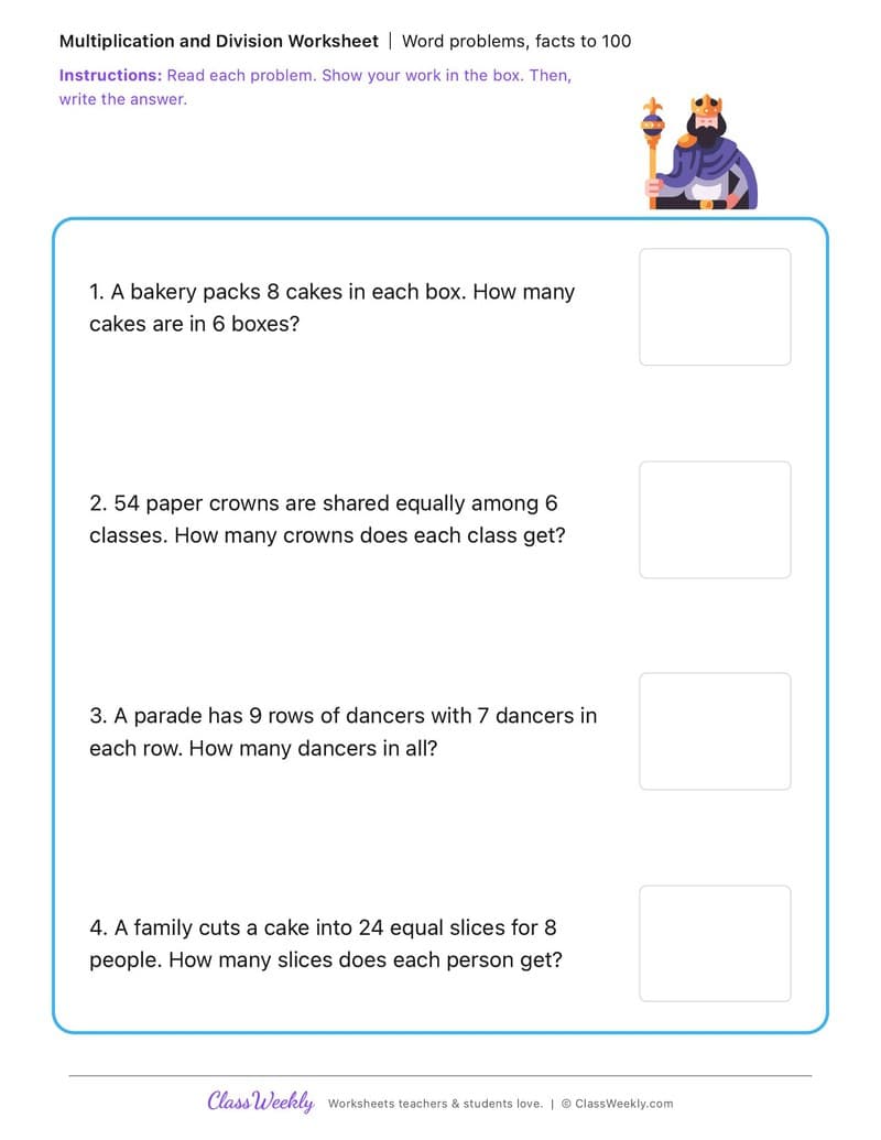Word problems, facts to 100 - Three Kings Day (Epiphany) - 3rd Grade worksheet preview