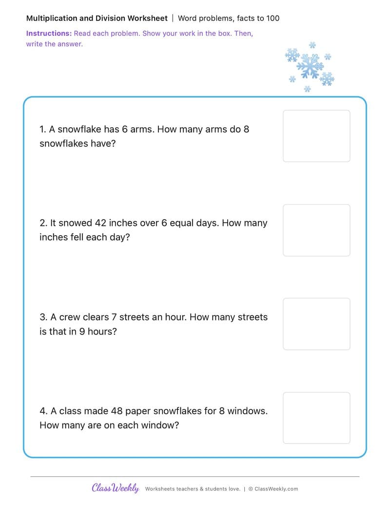 Word problems, facts to 100 - Winter Science & Weather - 3rd Grade worksheet preview