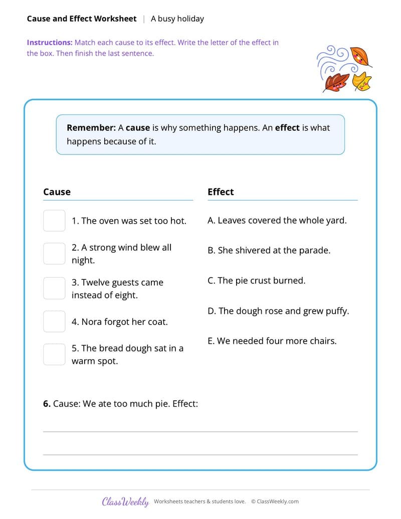 Thanksgiving Cause and Effect - 3rd Grade worksheet preview