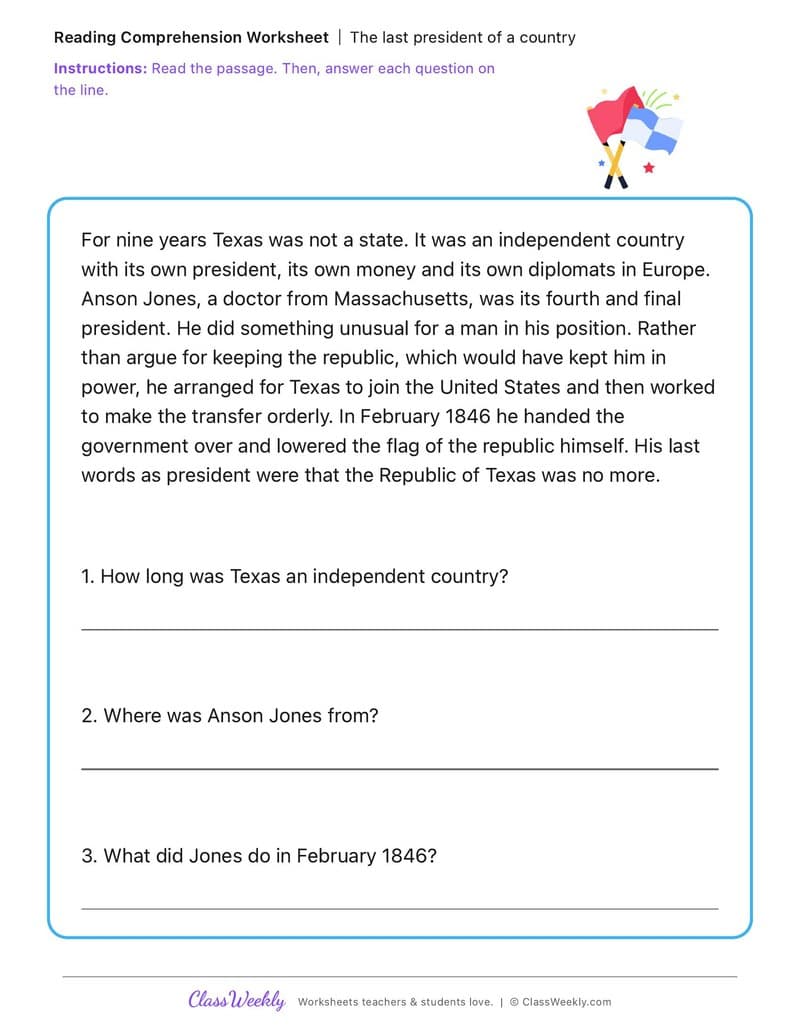 The last president of a country - Anson Jones - 3rd Grade worksheet preview