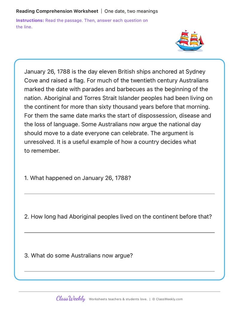 One date, two meanings - Australia Day / ANZAC Day / Sorry Day - 3rd Grade worksheet preview