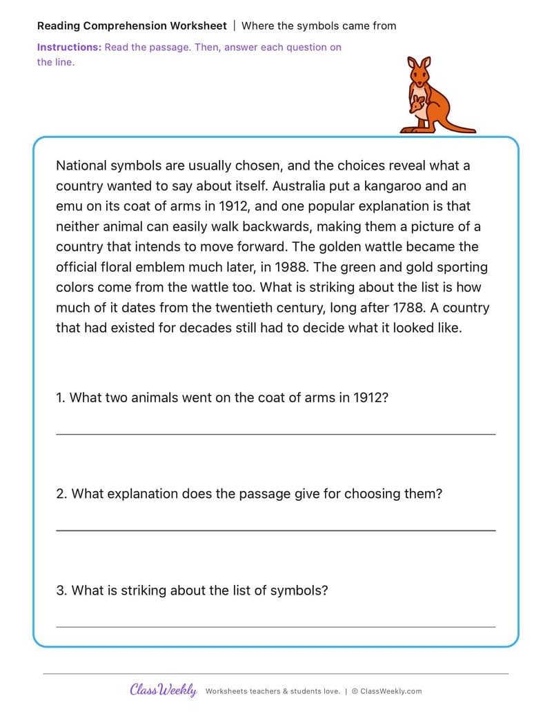 Where the symbols came from - Australia's Identity, Celebrations and Commemorations - 3rd Grade worksheet preview
