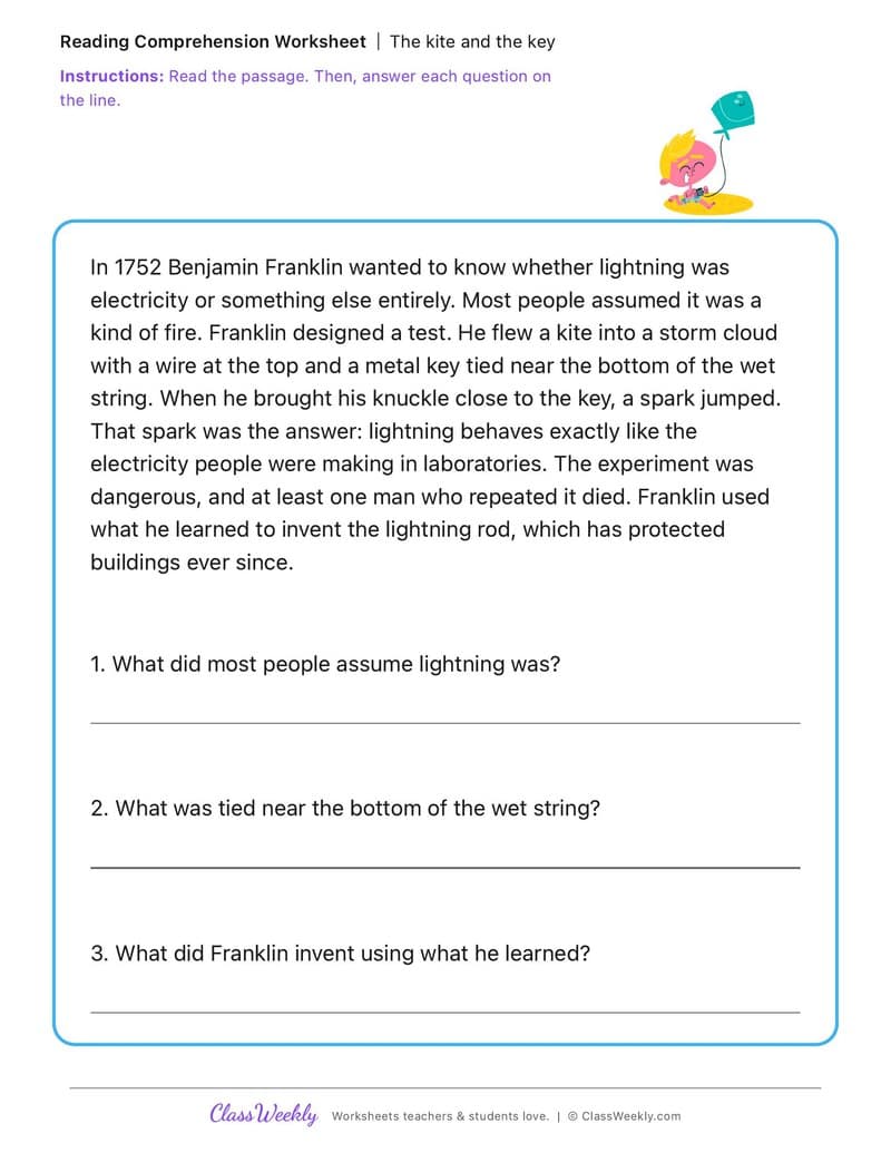The kite and the key - Benjamin Franklin - 3rd Grade worksheet preview