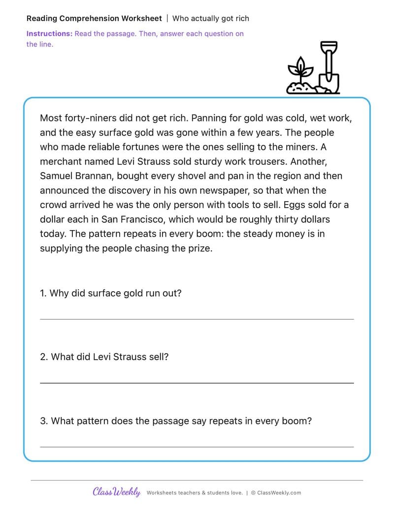 Who actually got rich - California Gold Rush - 3rd Grade worksheet preview