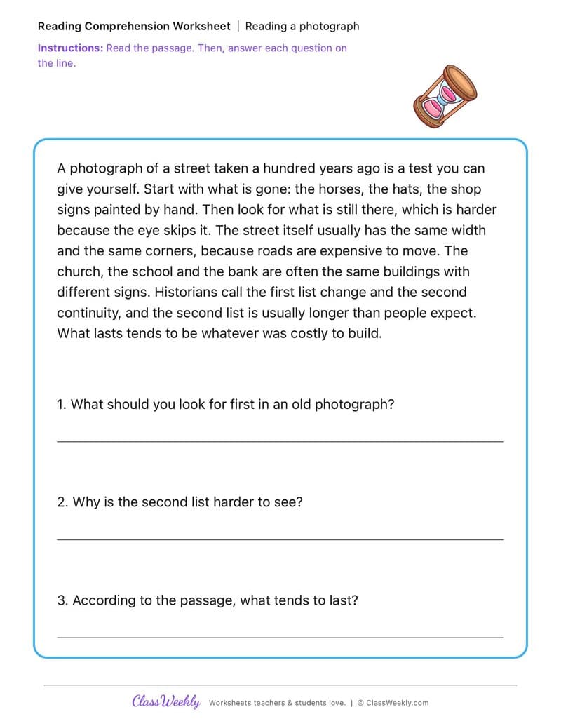 Reading a photograph - Change and Continuity - 3rd Grade worksheet preview
