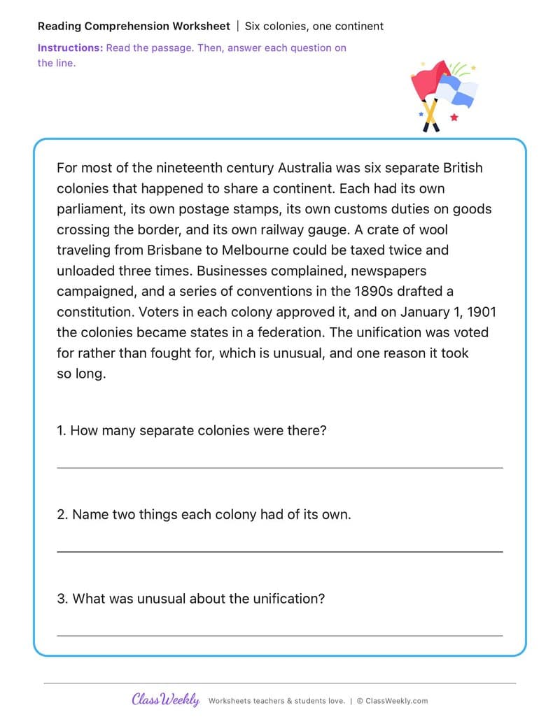 Six colonies, one continent - Colonial Australia (British Colonisation) - 3rd Grade worksheet preview