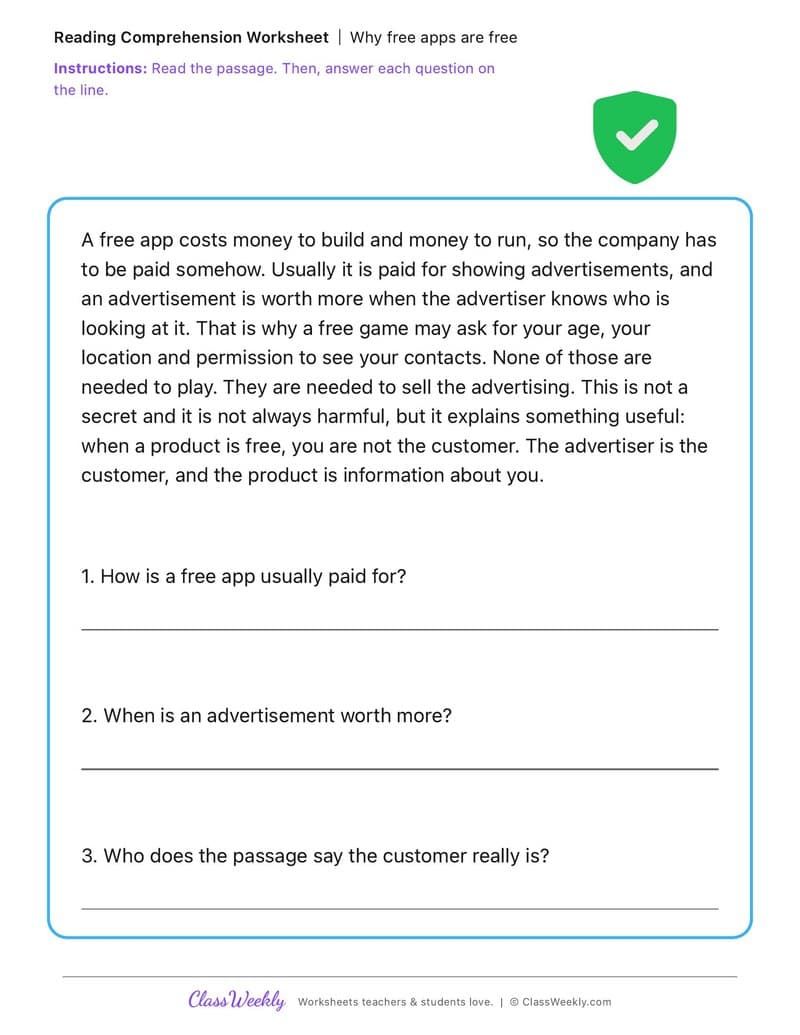 Why free apps are free - Data Privacy Day - 3rd Grade worksheet preview