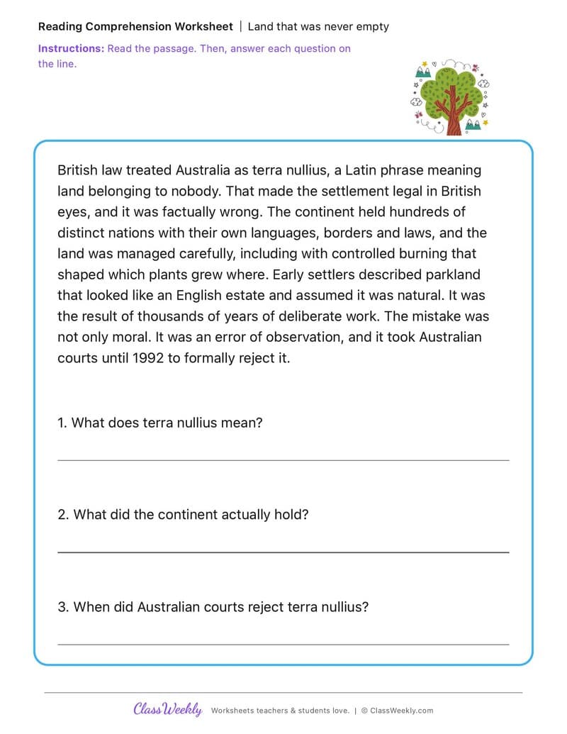 Land that was never empty - Effects of First Fleet Contact on First Nations Australians - 3rd Grade worksheet preview