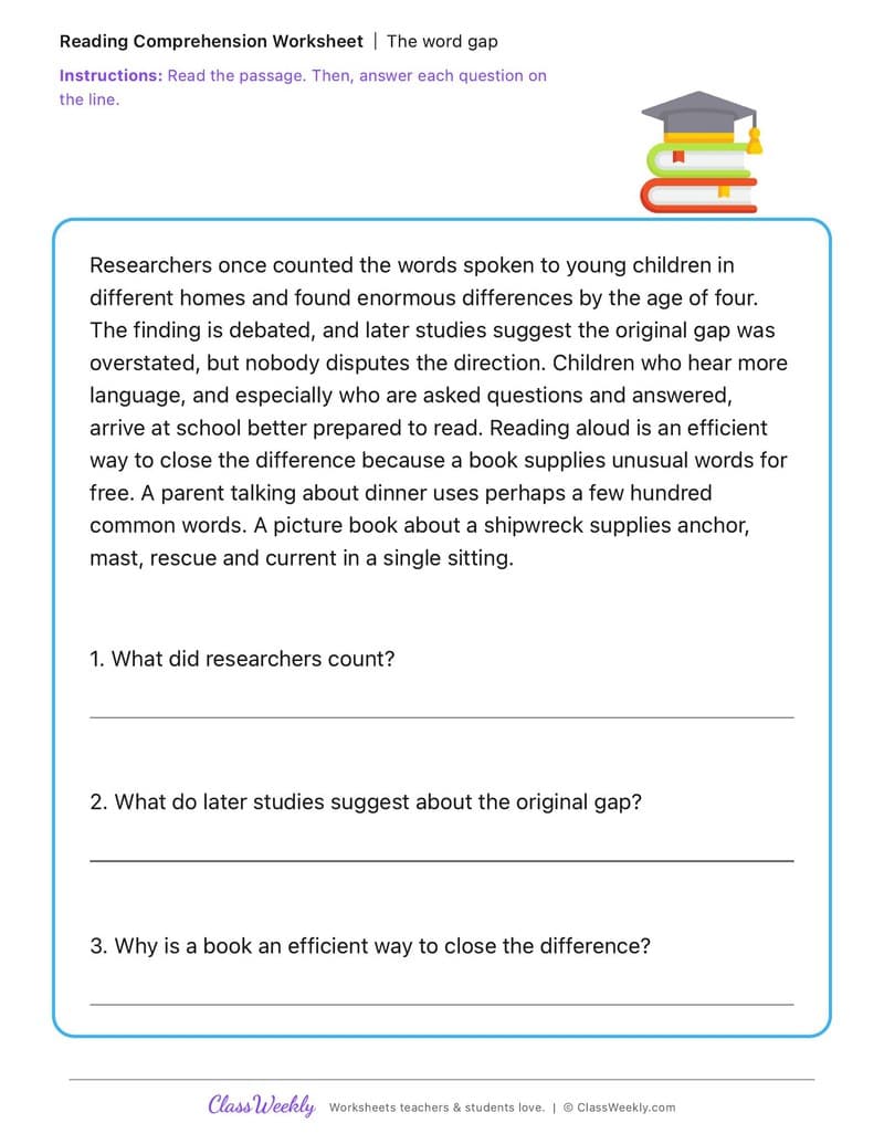The word gap - Family Literacy Day - 3rd Grade worksheet preview
