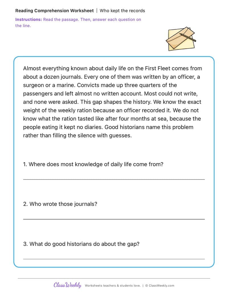 Who kept the records - First Fleet Experiences - 3rd Grade worksheet preview