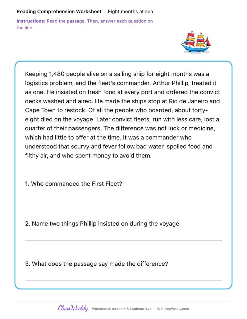 Eight months at sea - First Fleet - 3rd Grade worksheet preview
