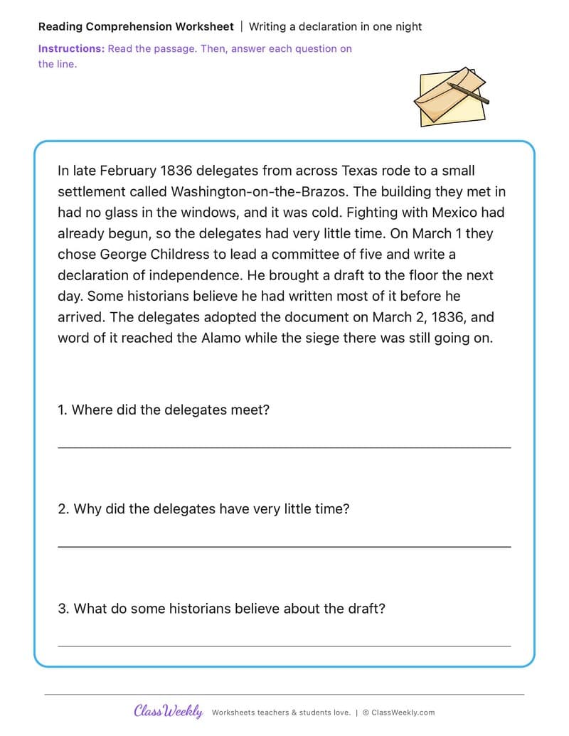 Writing a declaration in one night - George Childress - 3rd Grade worksheet preview