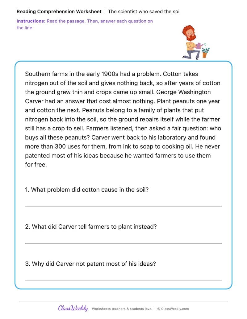The scientist who saved the soil - George Washington Carver - 3rd Grade worksheet preview