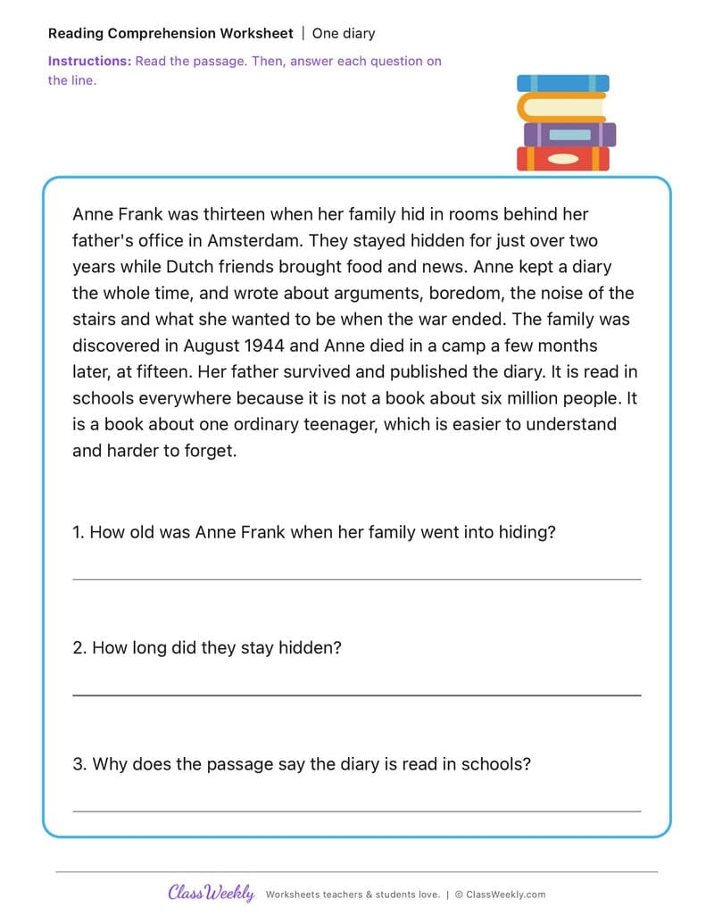 One diary - International Holocaust Remembrance Day - 3rd Grade worksheet preview