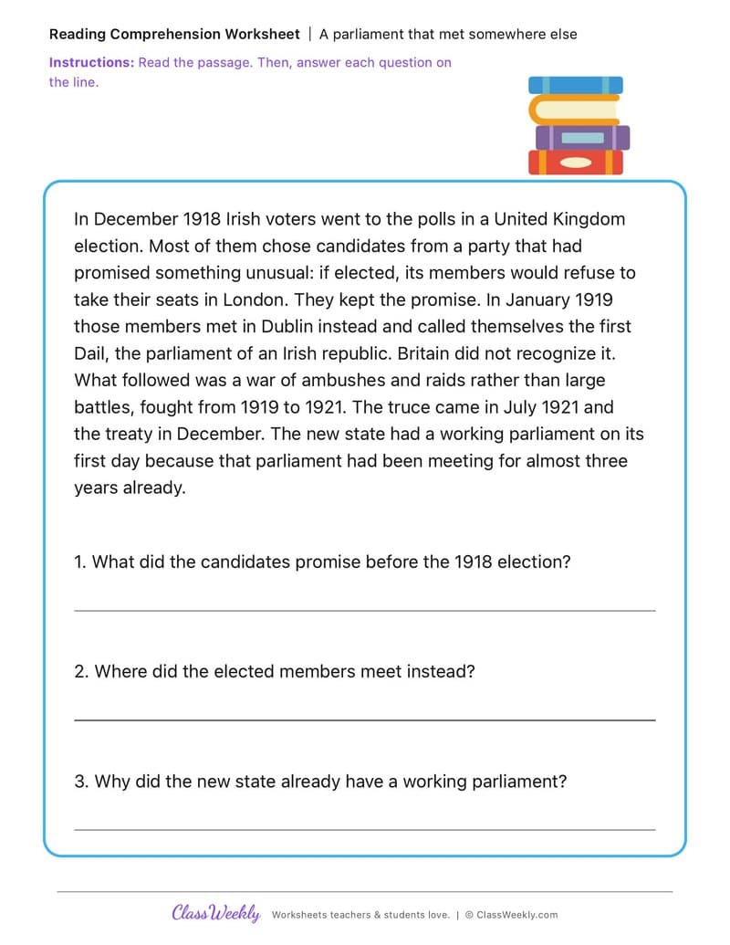 A parliament that met somewhere else - Irish Revolution and War of Independence - 3rd Grade worksheet preview