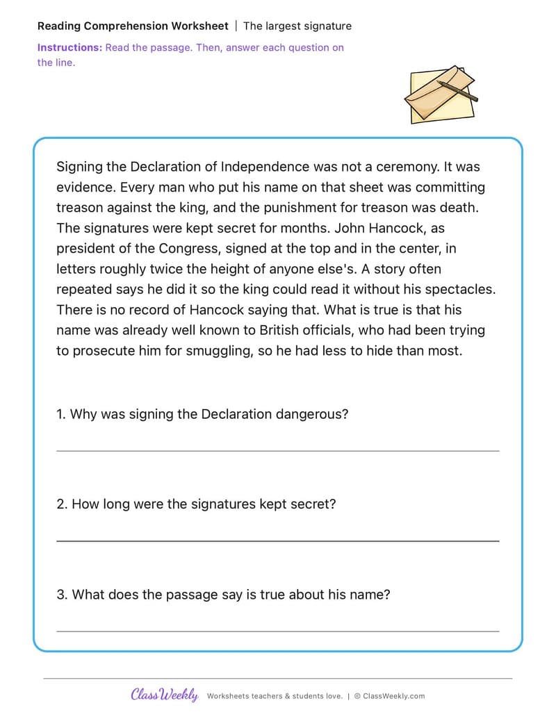 The largest signature - John Hancock - 3rd Grade worksheet preview