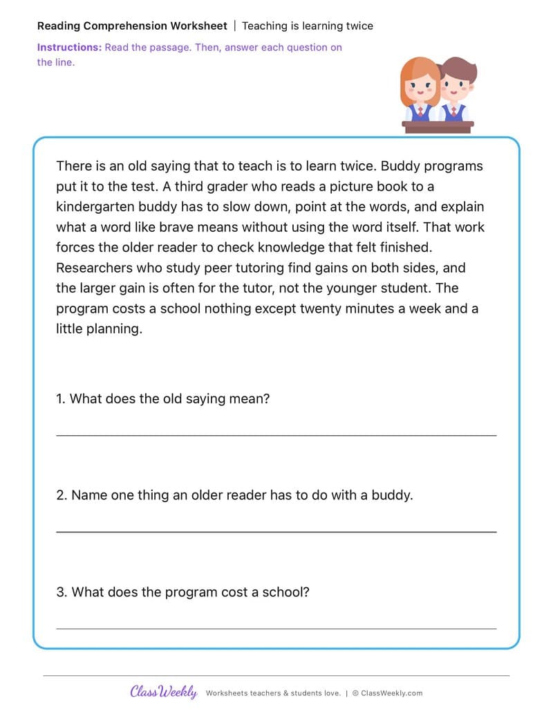 Teaching is learning twice - Kindergarten Buddy Day - 3rd Grade worksheet preview