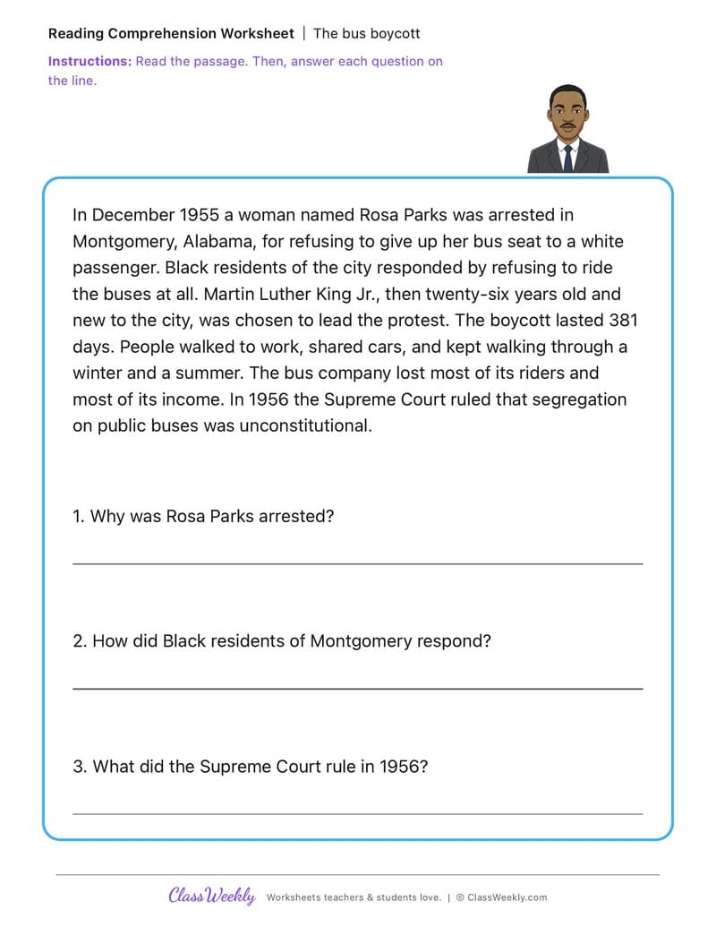The bus boycott - MLK Day / Black History Month - 3rd Grade worksheet preview