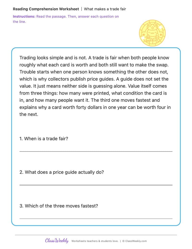 What makes a trade fair - National Trading Card Day - 3rd Grade worksheet preview