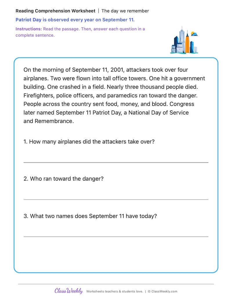 The Day We Remember - Patriot Day - 3rd Grade worksheet preview