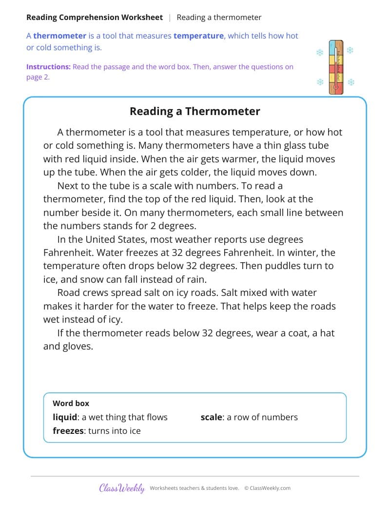 Reading a thermometer - Winter Science & Weather - 3rd Grade worksheet preview