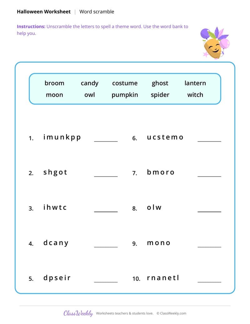 Word Scramble - Halloween - 3rd Grade worksheet preview