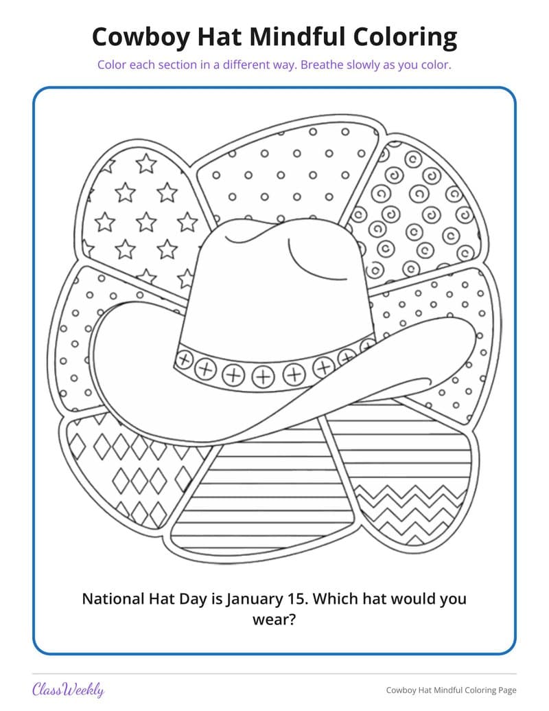Cowboy Hat Mindful Coloring Page - 4th Grade Coloring Pages printable preview