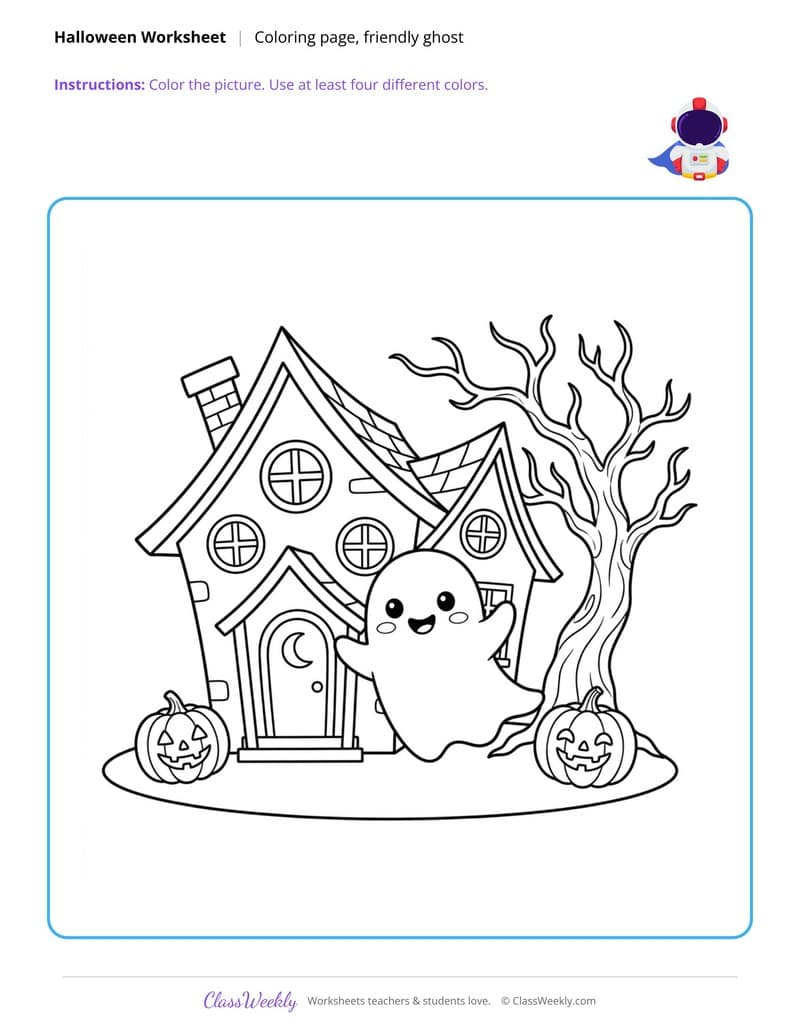 Friendly Ghost Coloring Page - Halloween - 3rd Grade worksheet preview