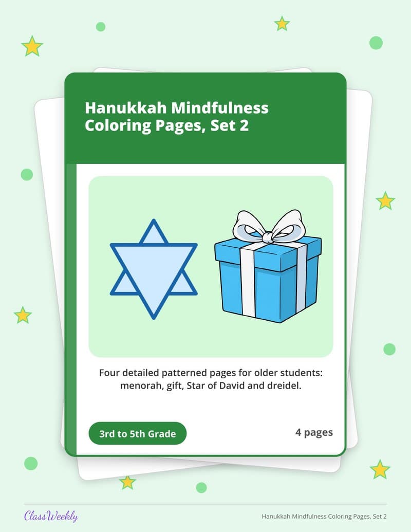 Hanukkah Mindfulness Coloring Pages, Set 2 - 3rd Grade Coloring Pages printable preview
