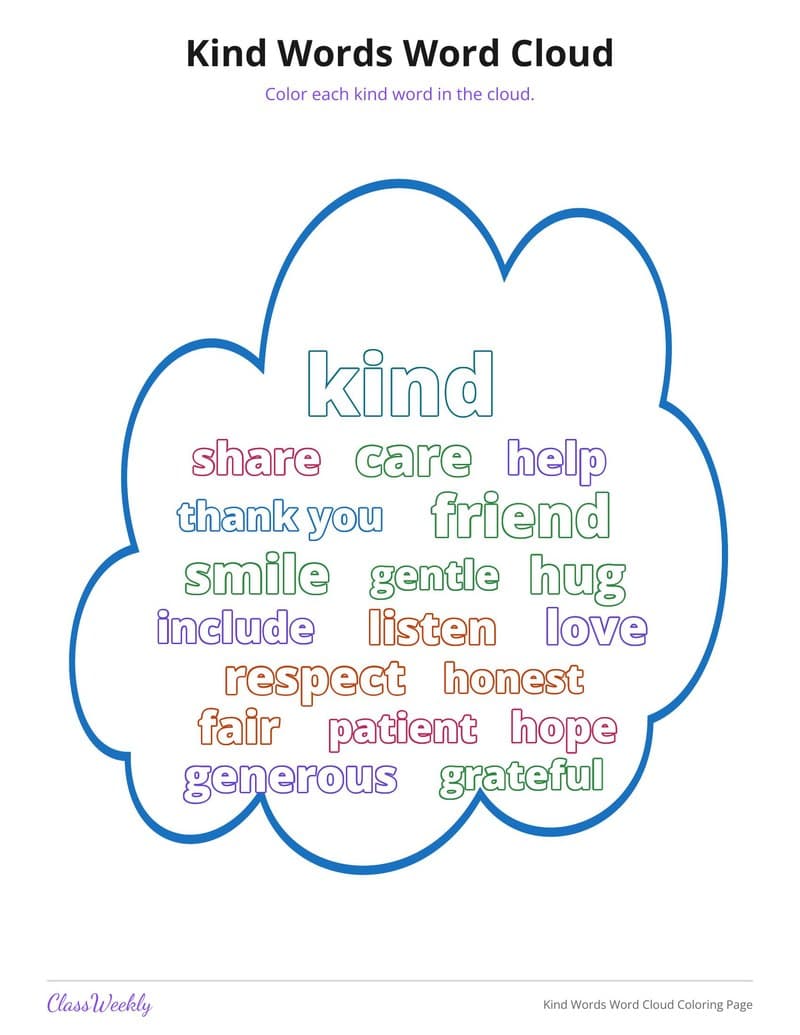 Kind Words Word Cloud Coloring Page - 3rd Grade Coloring Pages printable preview