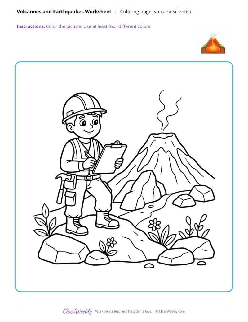 Volcano Scientist Coloring Page - Volcanoes & Earthquakes - 4th Grade Coloring Pages printable preview