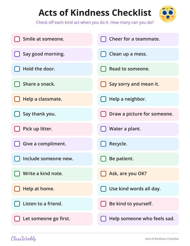 Acts of Kindness Checklist - 3rd Grade Graphic Organizers printable preview