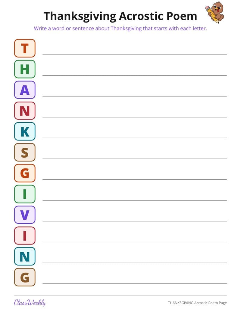 THANKSGIVING Acrostic Poem Page - 3rd Grade Graphic Organizers printable preview