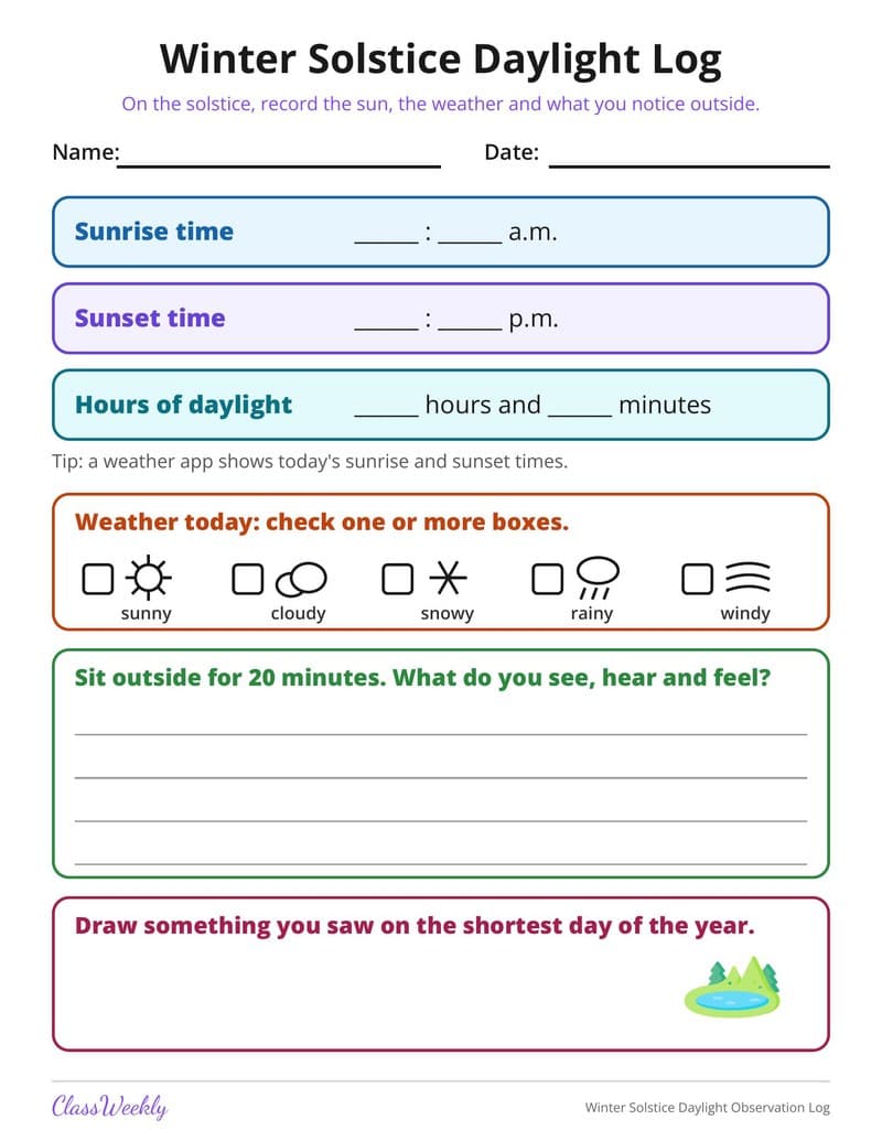 Winter Solstice Daylight Observation Log - 3rd Grade Graphic Organizers printable preview
