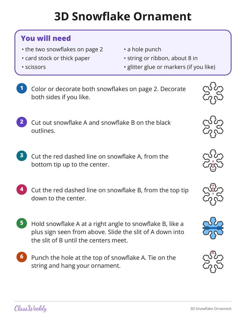 3D Snowflake Ornament - 4th Grade Holiday Activities printable preview