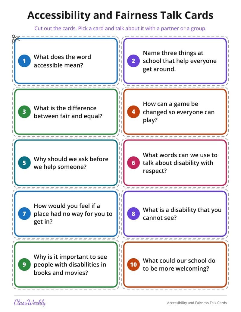 Accessibility and Fairness Talk Cards - 3rd Grade Holiday Activities printable preview