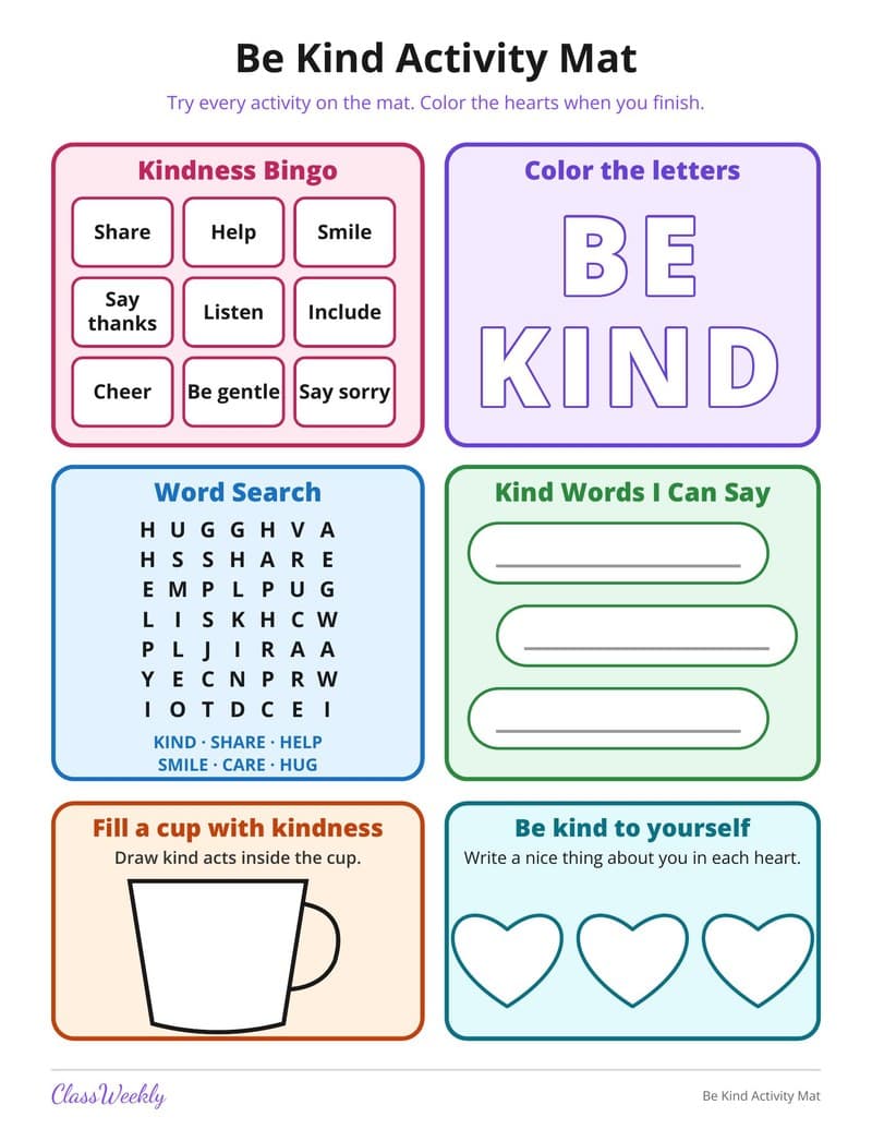 Be Kind Activity Mat - 4th Grade Holiday Activities printable preview