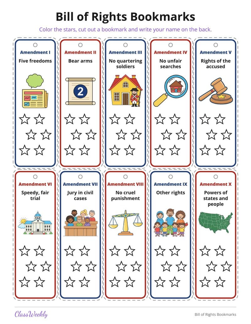 Bill of Rights Bookmarks - 3rd Grade Holiday Activities printable preview