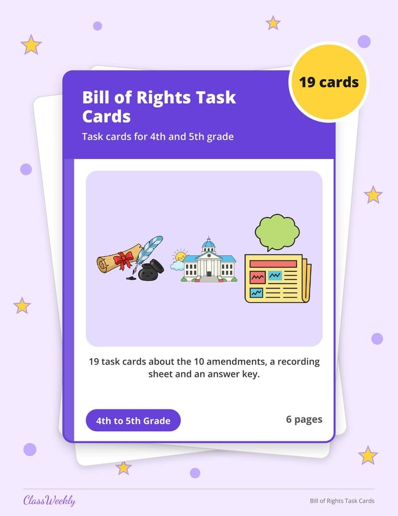 Bill of Rights Task Cards - 3rd Grade Holiday Activities printable preview