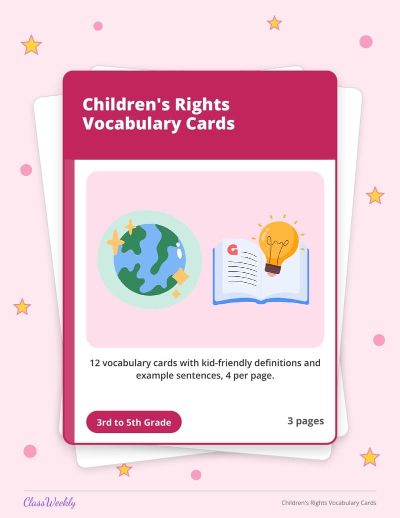 Children's Rights Vocabulary Cards - 4th Grade Holiday Activities printable preview