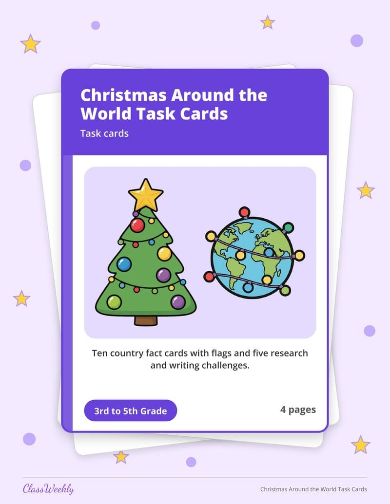 Christmas Around the World Task Cards - 3rd Grade Holiday Activities printable preview