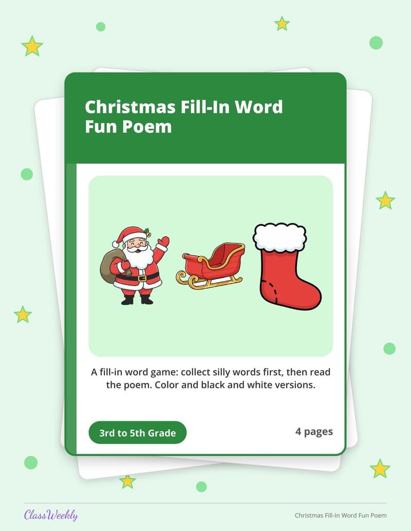 Christmas Fill-In Word Fun Poem - 3rd Grade Holiday Activities printable preview