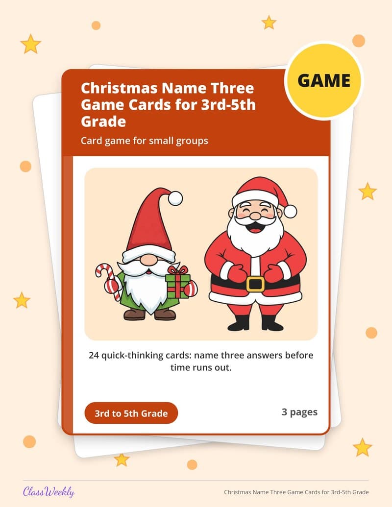 Christmas Name Three Game Cards for 3rd-5th Grade - 3rd Grade Holiday Activities printable preview