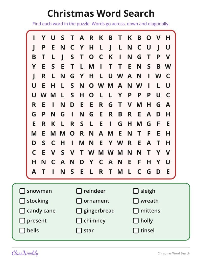 Christmas Word Search - 4th Grade Holiday Activities printable preview