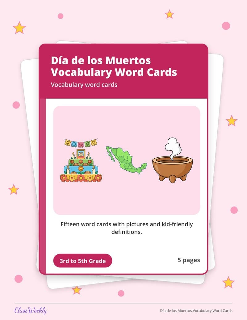 Día de los Muertos Vocabulary Word Cards - 4th Grade Holiday Activities printable preview