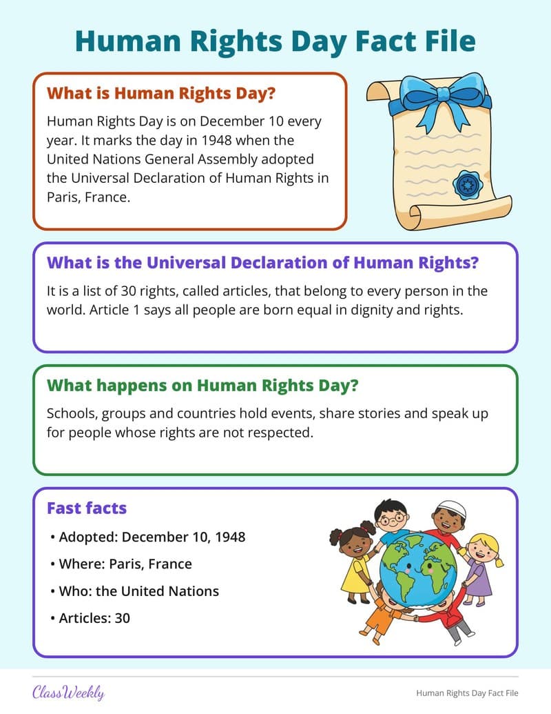 Human Rights Day Fact File - 3rd Grade Holiday Activities printable preview